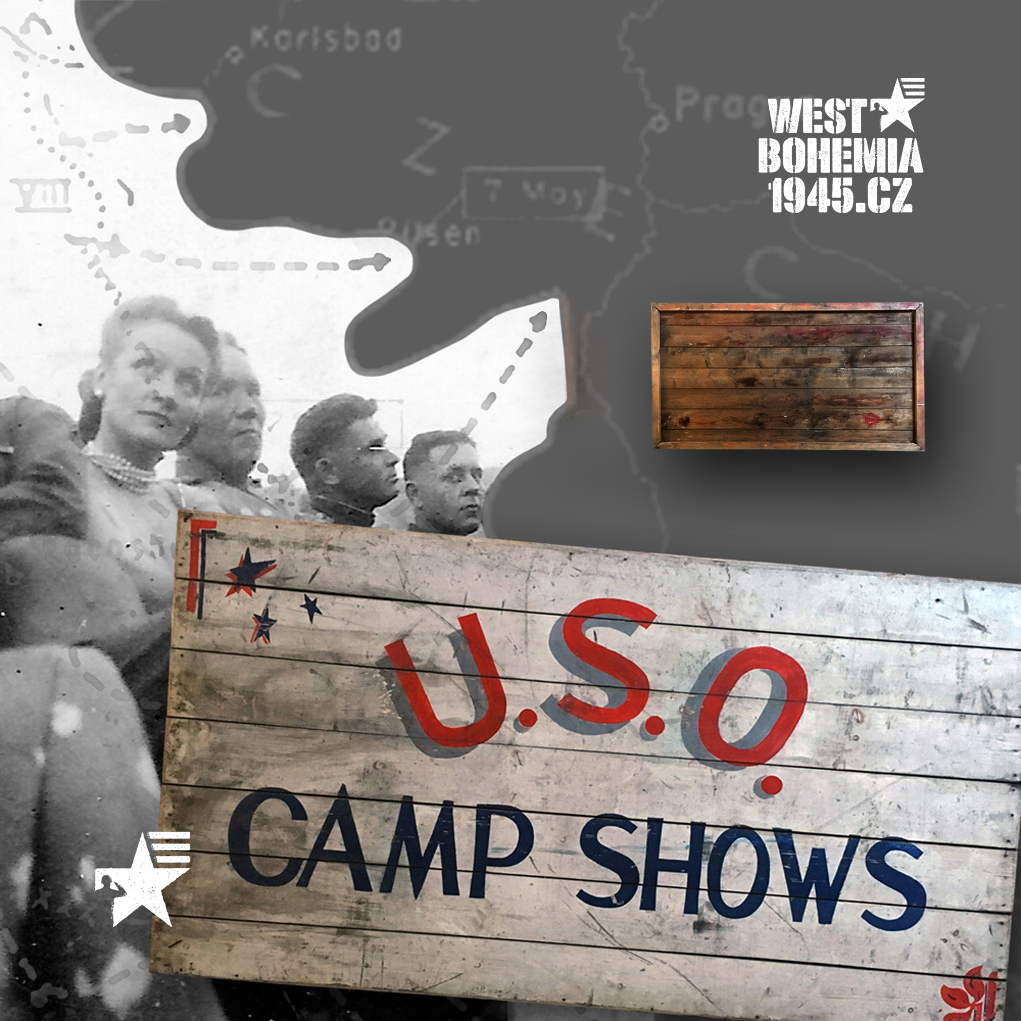 WB10002 WWII US ARMY WOODEN TABLE PAINTED U.S.O. CAMP SHOWS US XXII CORPS IN CZECHOSLOVAKIA 1945